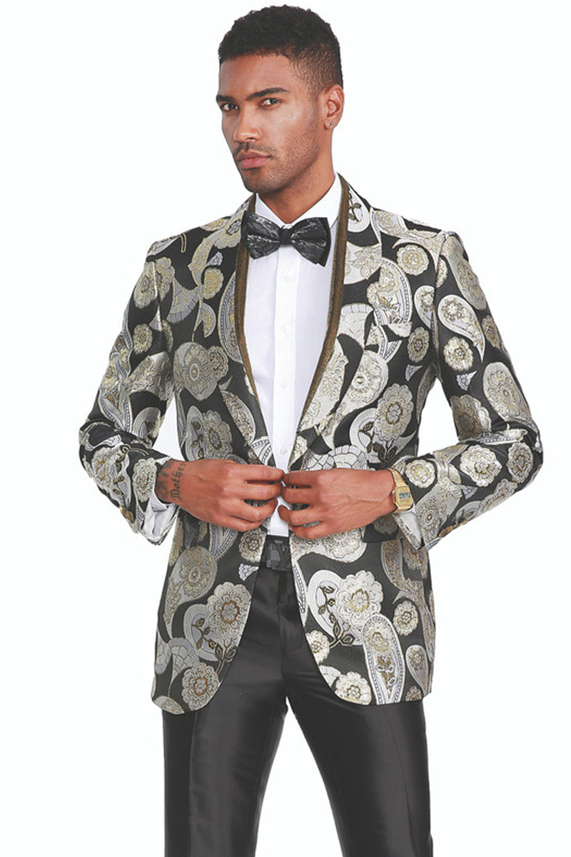 Men's Bold Brocade Pattern Tuxedo Dinner Jacket in Silver & Black ...