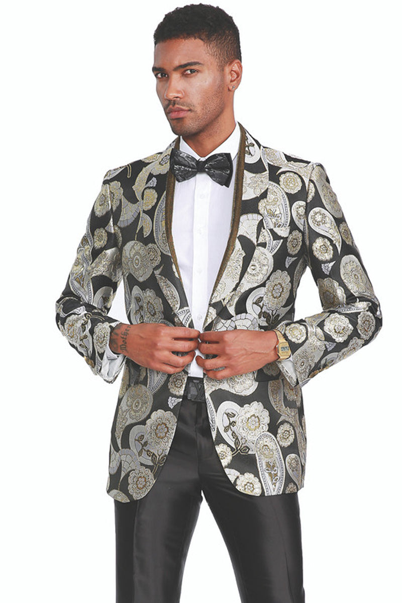 Men s Bold Brocade Pattern Tuxedo Dinner Jacket in Silver Black SignatureMenswear