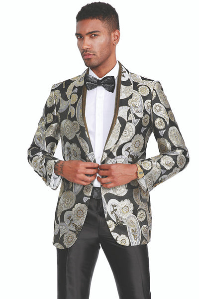 Men's Bold Brocade Pattern Tuxedo Dinner Jacket in Silver & Black