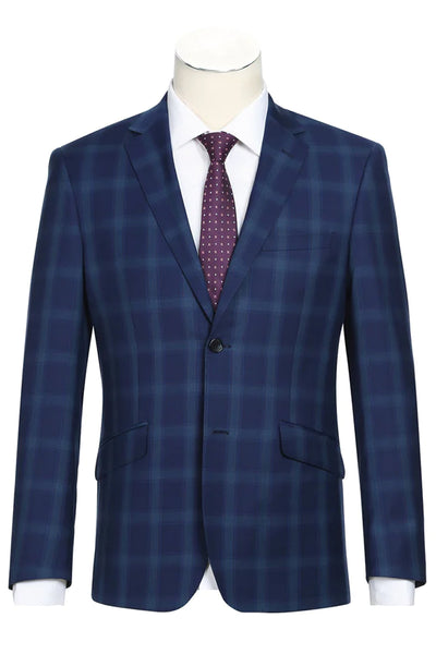 Mens Two Button Classic Fit Two Piece Wool Suit in Dark Royal Blue Windowpane Plaid