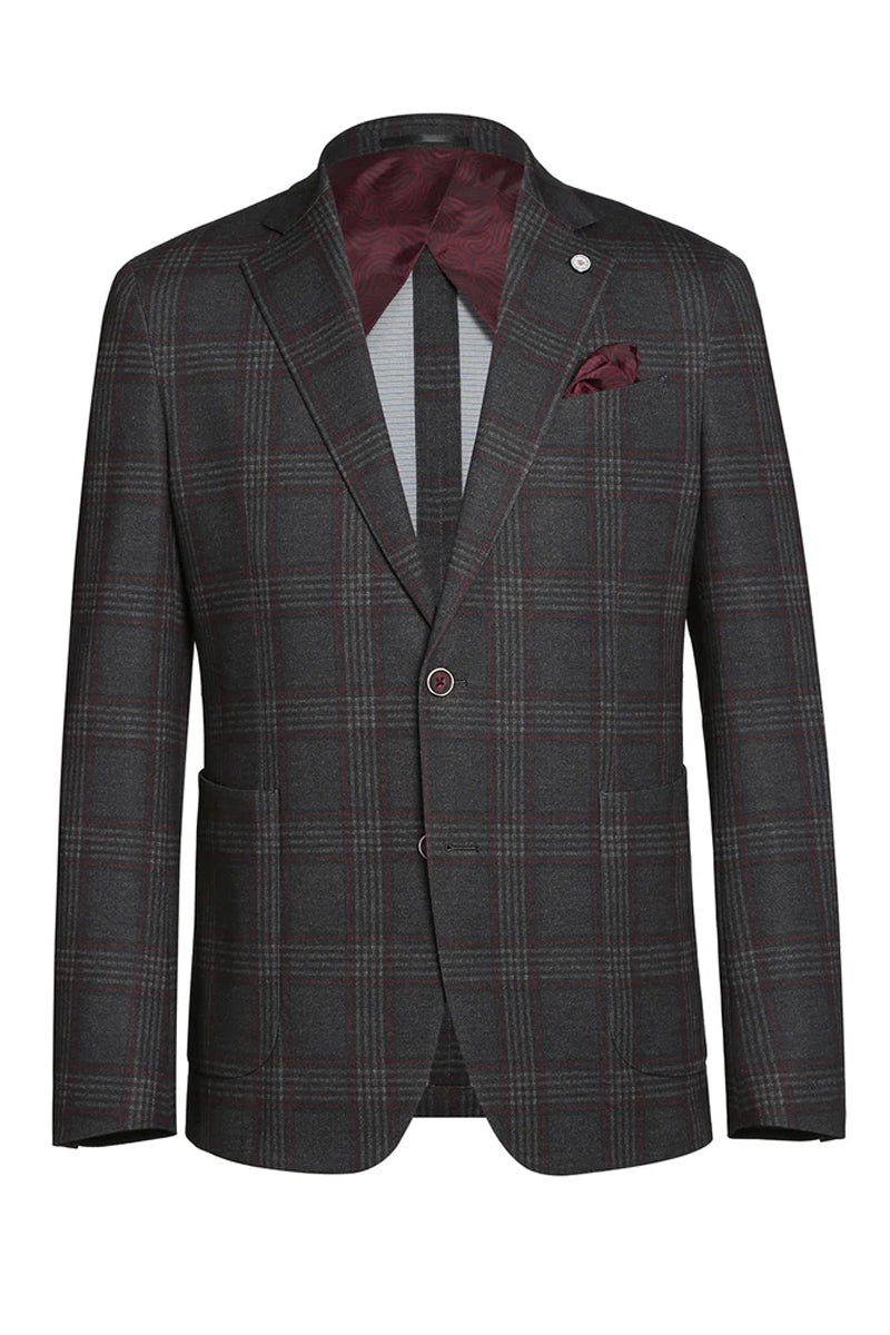 Mens Slim Fit Patch Pocket Vintage Style Sports Coat Blazer in Charcoal Grey Windowpane Plaid