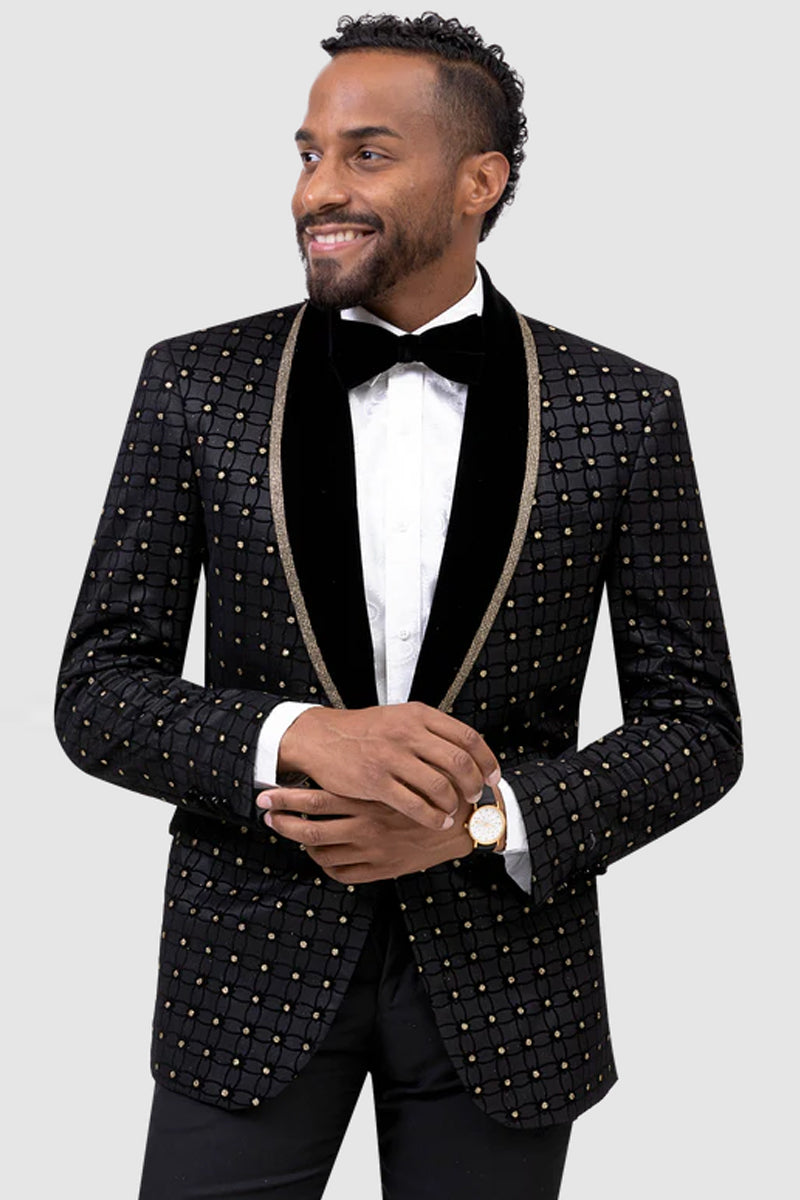 Mens Black & Gold Grid Pattern Wedding Tuxedo Dinner Jacket with Velvet Lapel