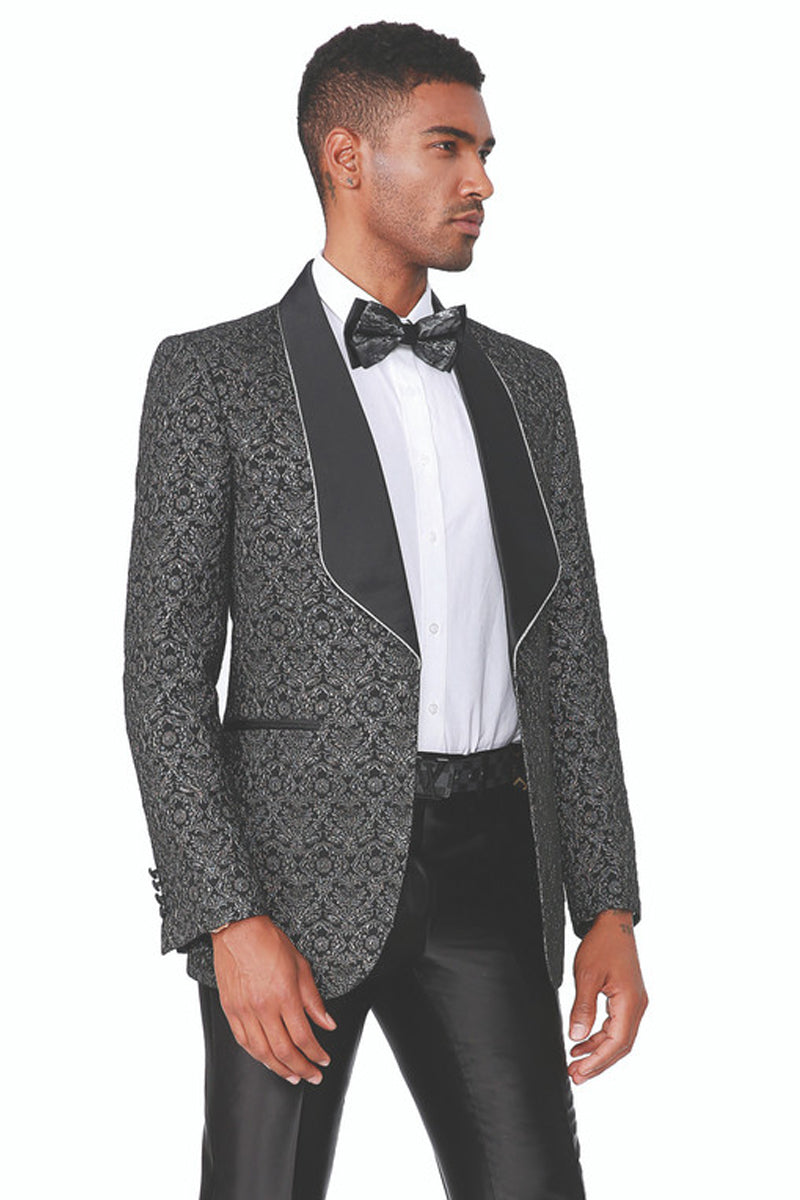 Men's Fancy Square Lapel Paisley Brocade Tuxedo Blazer in Black