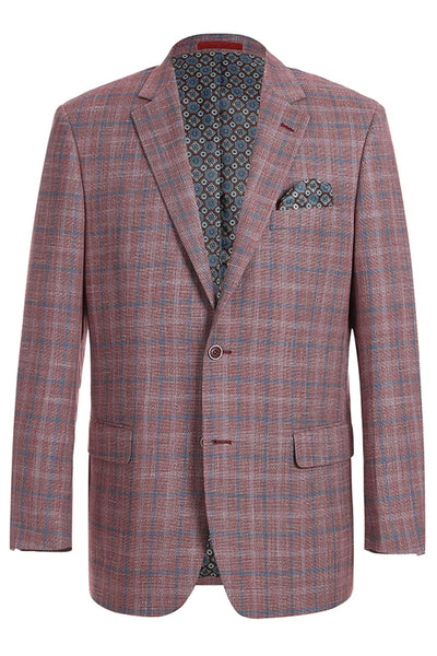 Mens Two Button Classic Fit Sport Coat Blazer in Burgundy Red Windowpane Plaid