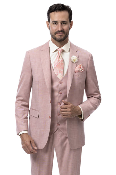Mens Modern Fit Two Button Vested Sharkskin Business Suit in Mauve Pink