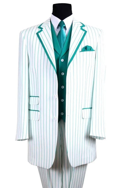Mens 3 Button Vested Barbershop Quartet Suin in White with Turquoise Pinstripes