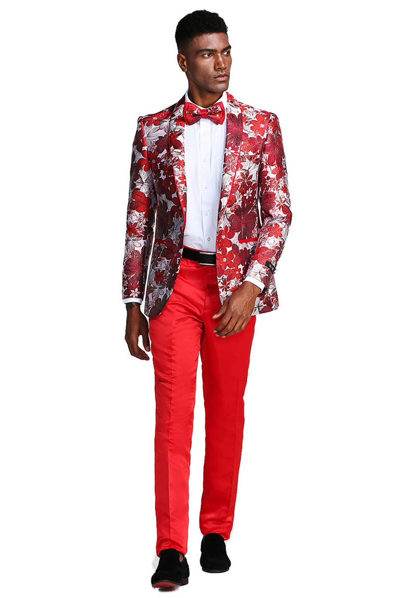 Men's Slim Fit Paisley Prom Tuxedo Jacket in Red & Silver