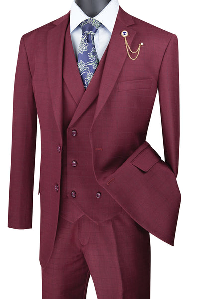 Mens 2 Button Double Breasted Vest Plaid Suit in Burgundy