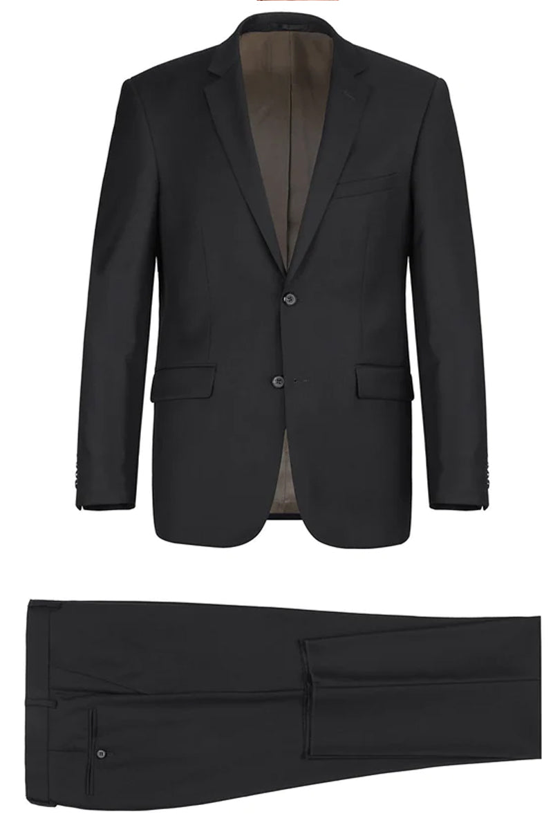 Mens Basic Two Button Slim Fit Wool Suit with Optional Vest in Black