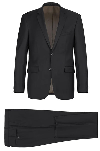 Mens Basic Two Button Classic Fit Wool Suit with Optional Vest in Black