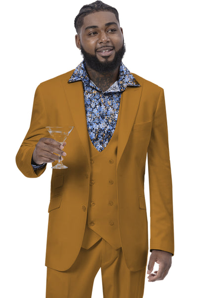 Mens Modern Two Button Vested Peak Lapel Suit with Double Breasted Vest in Gold