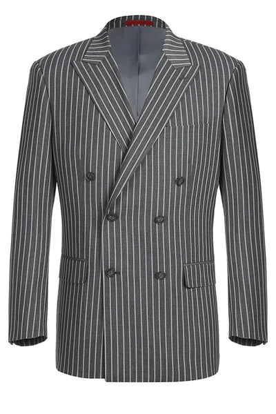 Mens Classic Fit Double Breasted Suin in Charcoal Grey Bold Gangster Pinstripe