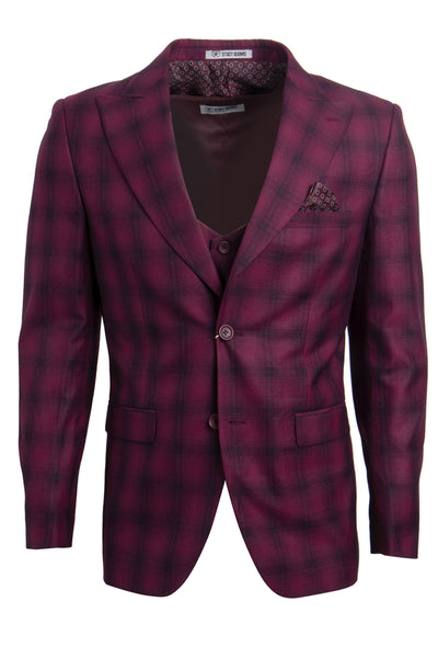 Men's Stacy Adams Two Button Vested Bold Windowpane Plaid Suit in Burgundy