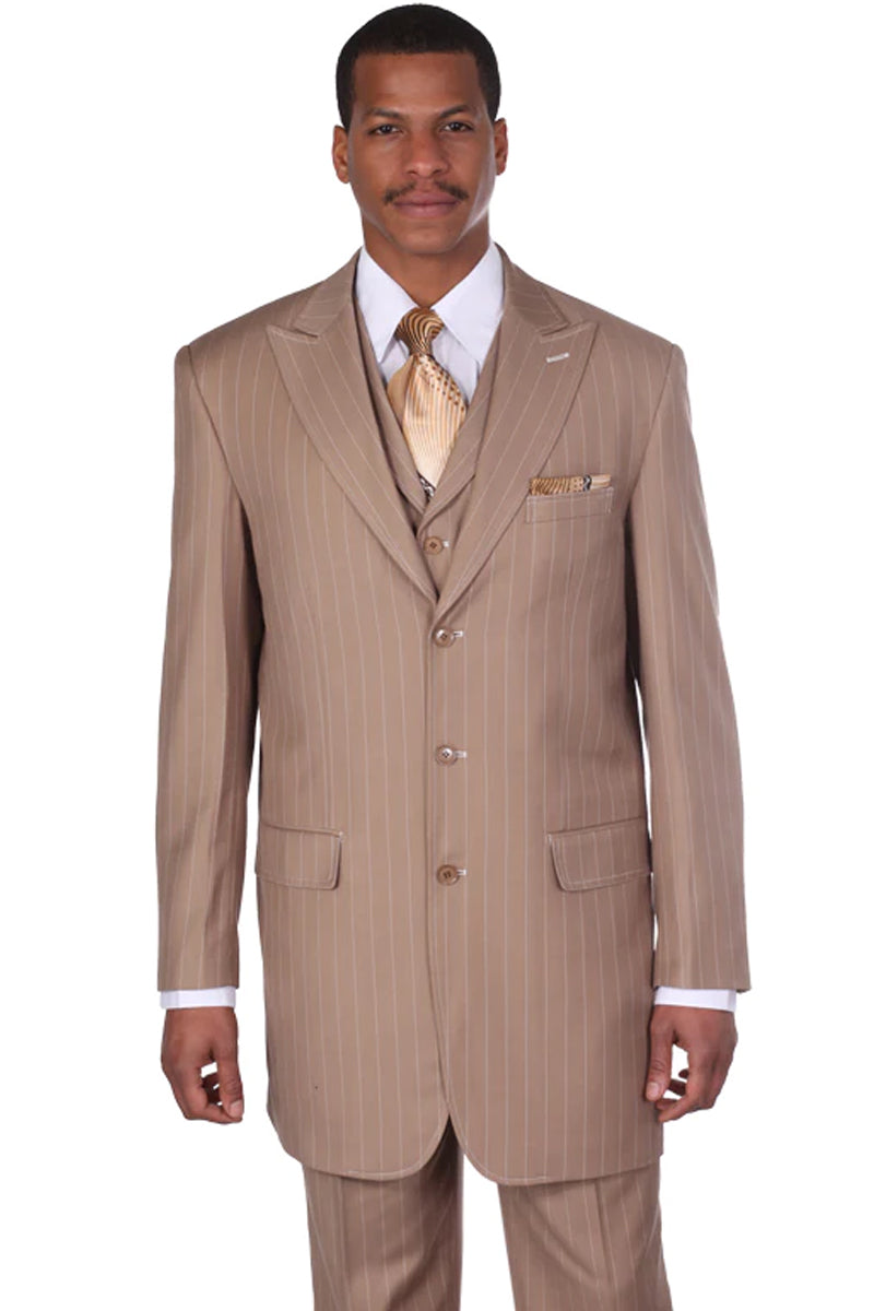 Mens Vintage Vested Gangster Bold Pinstripe Fashion Suit in Tan