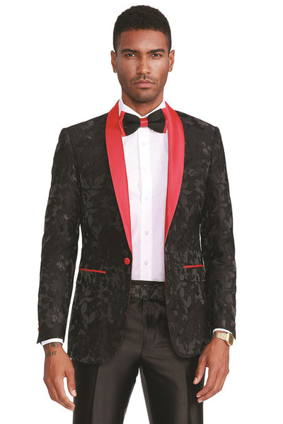 Men's Slim Fit Black Paisley Prom Tuxedo Jacket with Red Lapel