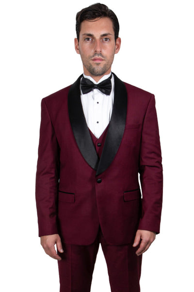 Men's Stacy Adams Vested One Button Shawl Lapel Tuxedo in Burgundy