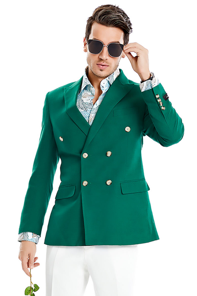 Men's Slim Fit Double Breasted Summer Blazer in Hunter Green