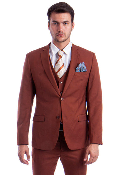 Men's Two Button Slim Fit Vested Solid Basic Color Suit in Light Brown Rust
