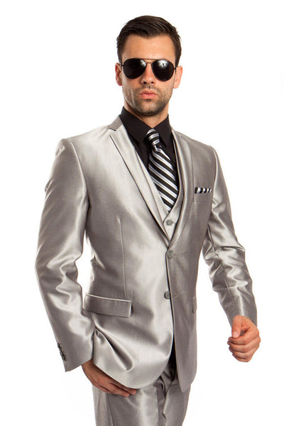 Men's Two Button Vested Shiny Sharkskin Wedding & Prom Fashion Suit in Silver Grey