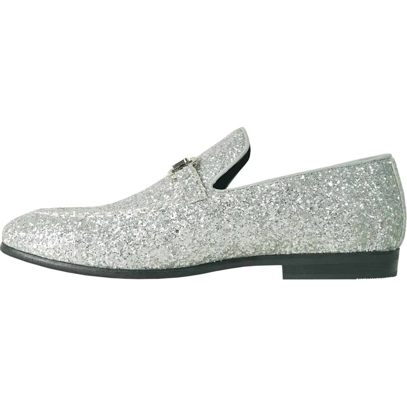 Mens Modern Glitter Sequin Prom Tuxedo Buckle Loafer in Silver Grey