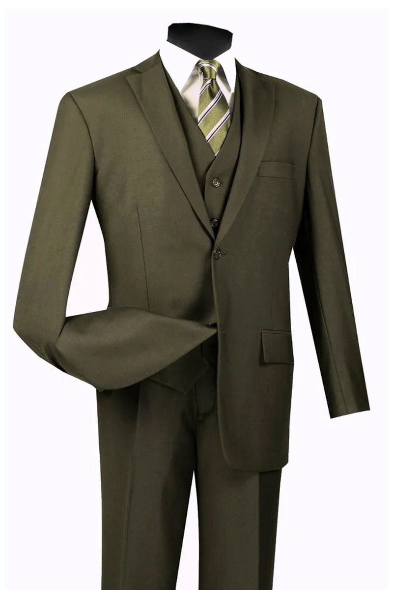 Mens Basic 2 Button vested Suit in Olive