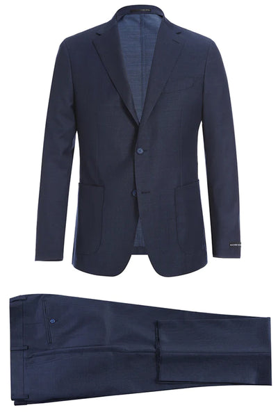 Mens Two Button Slim Fit Patch Pocket Strech Travel Wool Suit in Navy Blue