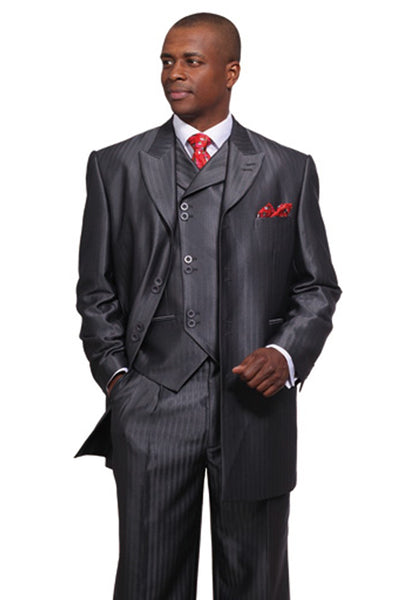 Mens Long Vested Fashion Tonal Herringbone Stripe Suit in Black