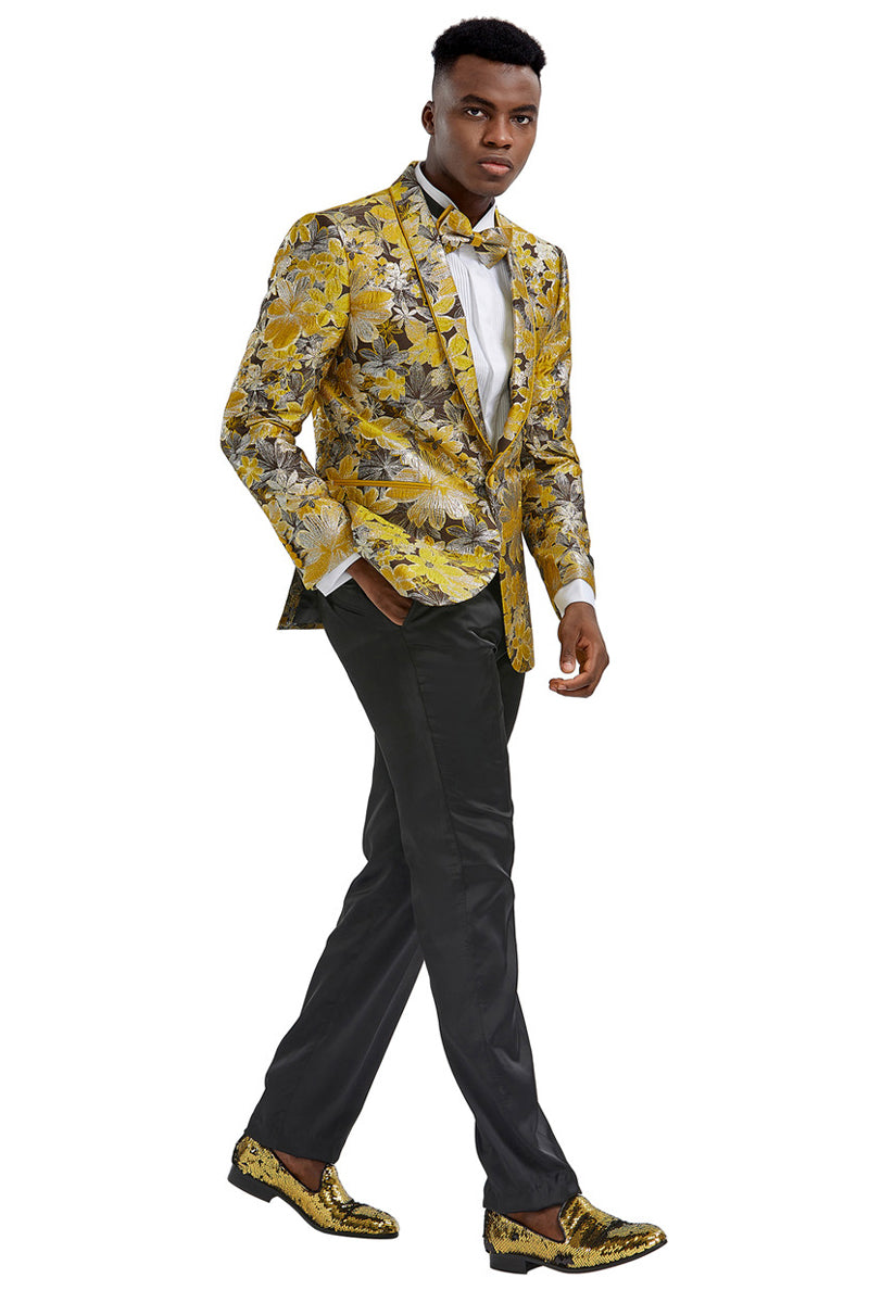 Men's Slim Fit Paisley Prom Tuxedo Jacket in Yellow Gold & Black