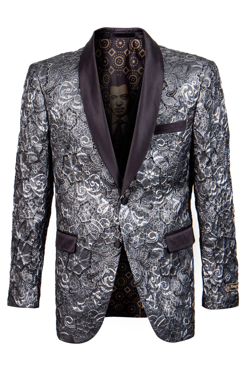 Men's Shawl Collar Silver Paisley Prom Tuxedo Dinner Jacket