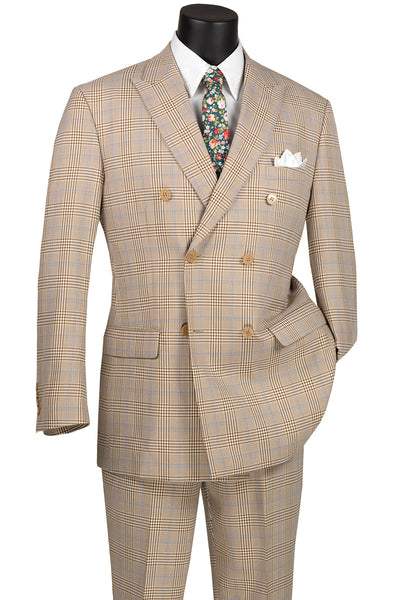 Mens Double Breasted Windowpane Plaid Suit in Tan