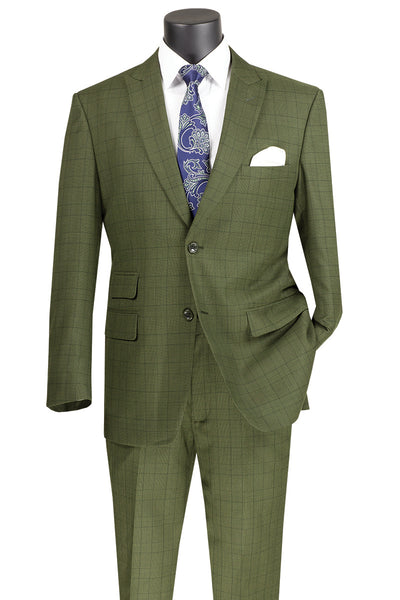 Mens 2 Button Modern Fit Peak Lapel Plaid Suit in Olive