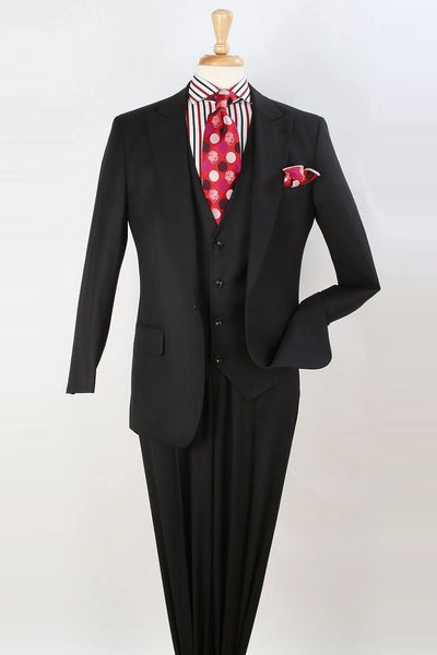Mens Classic Fit Vested One Button Peak Lapel Fashion Suit in Black