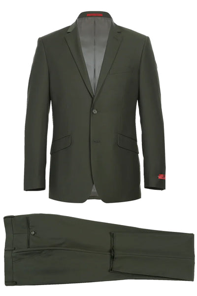 Mens Basic Two Button Slim Fit Suit with Optional Vest in Olive Green