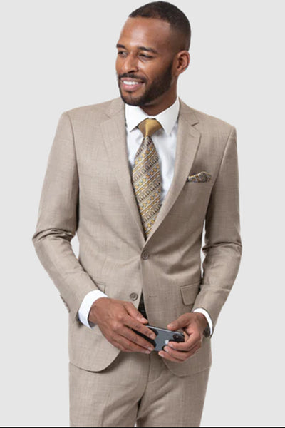 Mens Two Button Modern Fit Sharkskin Weave Suit in Taupe