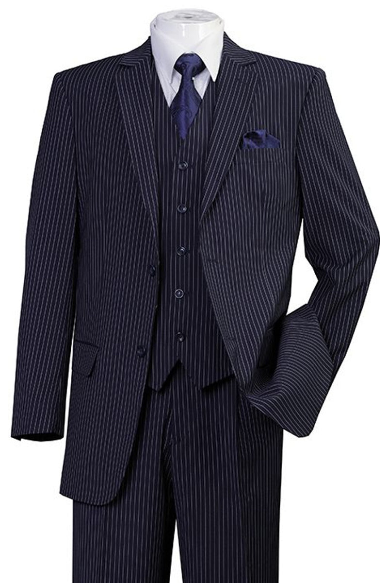 Mens 2 Button Vested 1920's Bold Gangster Pinstripe Suit in Navy ...