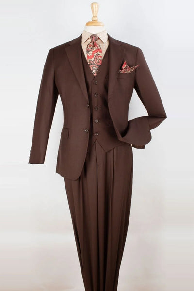 Mens 2 Button Pleated Pant Classic Fit Vested Suit in Brown