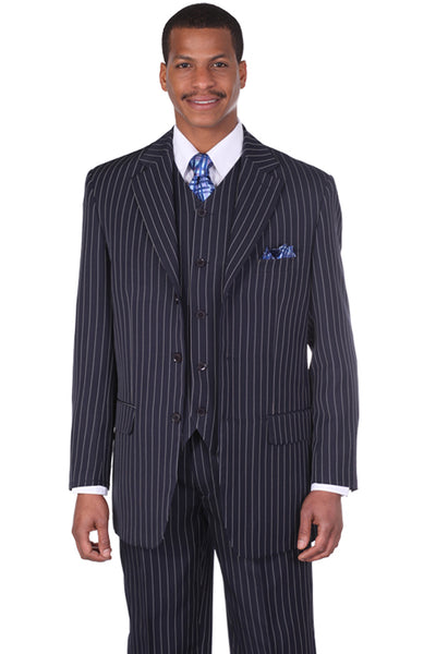 Mens 3 Button Vested Vintage Bold Gangster Pinstripe Suit in Navy Blue
