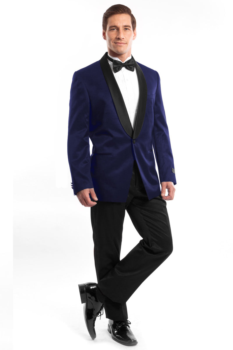 Men's Slim Fit Shawl Tuxedo in Navy Blue Satin Birdseye