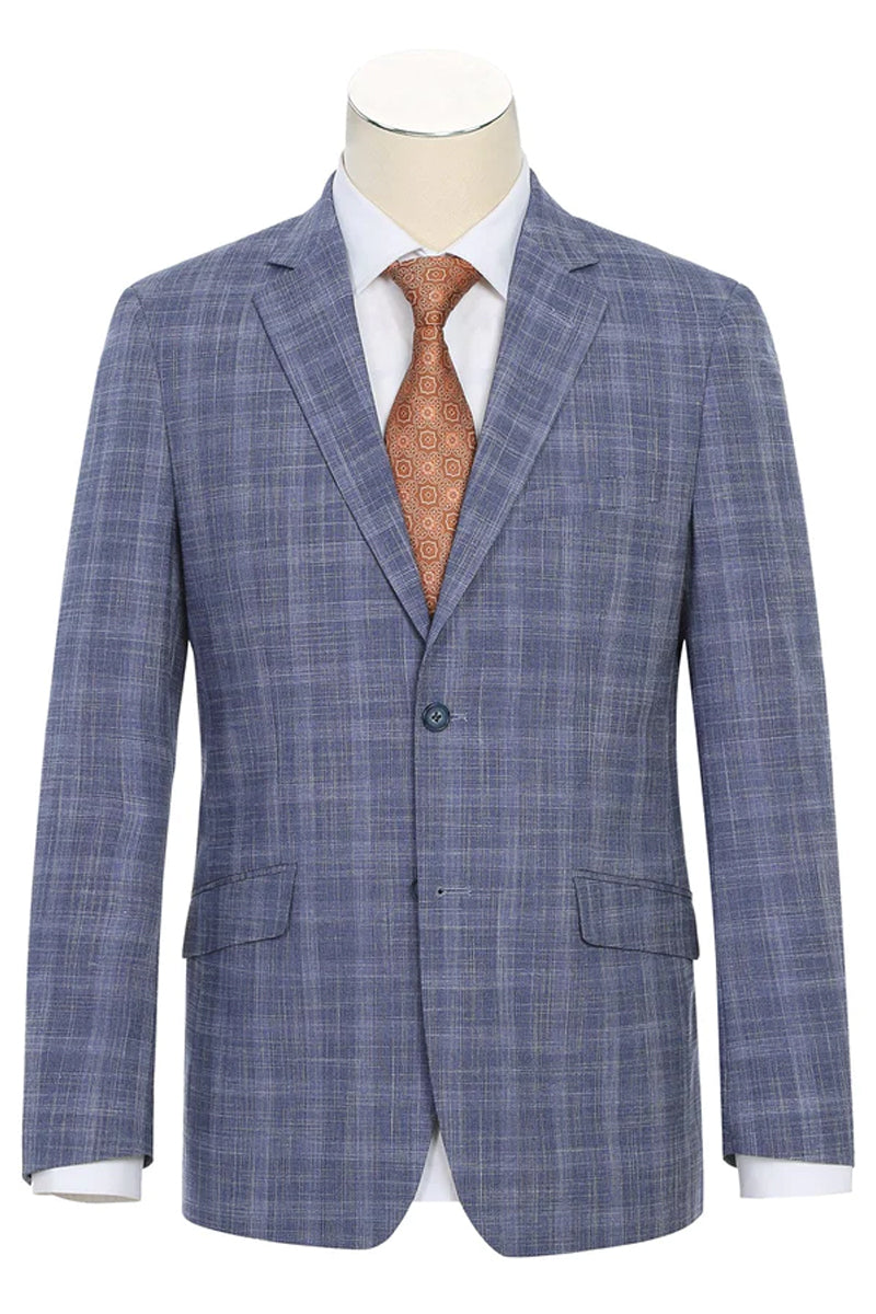Mens Slim Fit Two Button Suit in Light Blue Wide Windowpane Summer Plaid