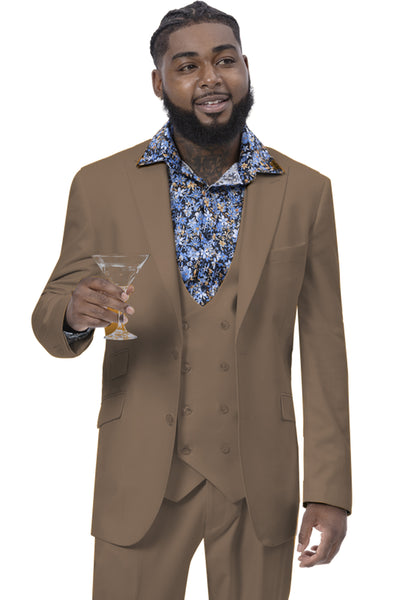 Mens Modern Two Button Vested Peak Lapel Suit with Double Breasted Vest in Tan