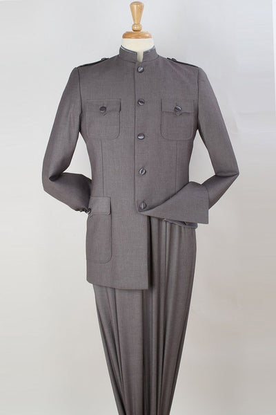 Mens Five Button Military Insired Mandarin Banded Safari Suit in Grey