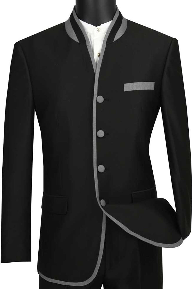 Mens 4 Button Mandarin Banded Trim Tuxedo in Black
