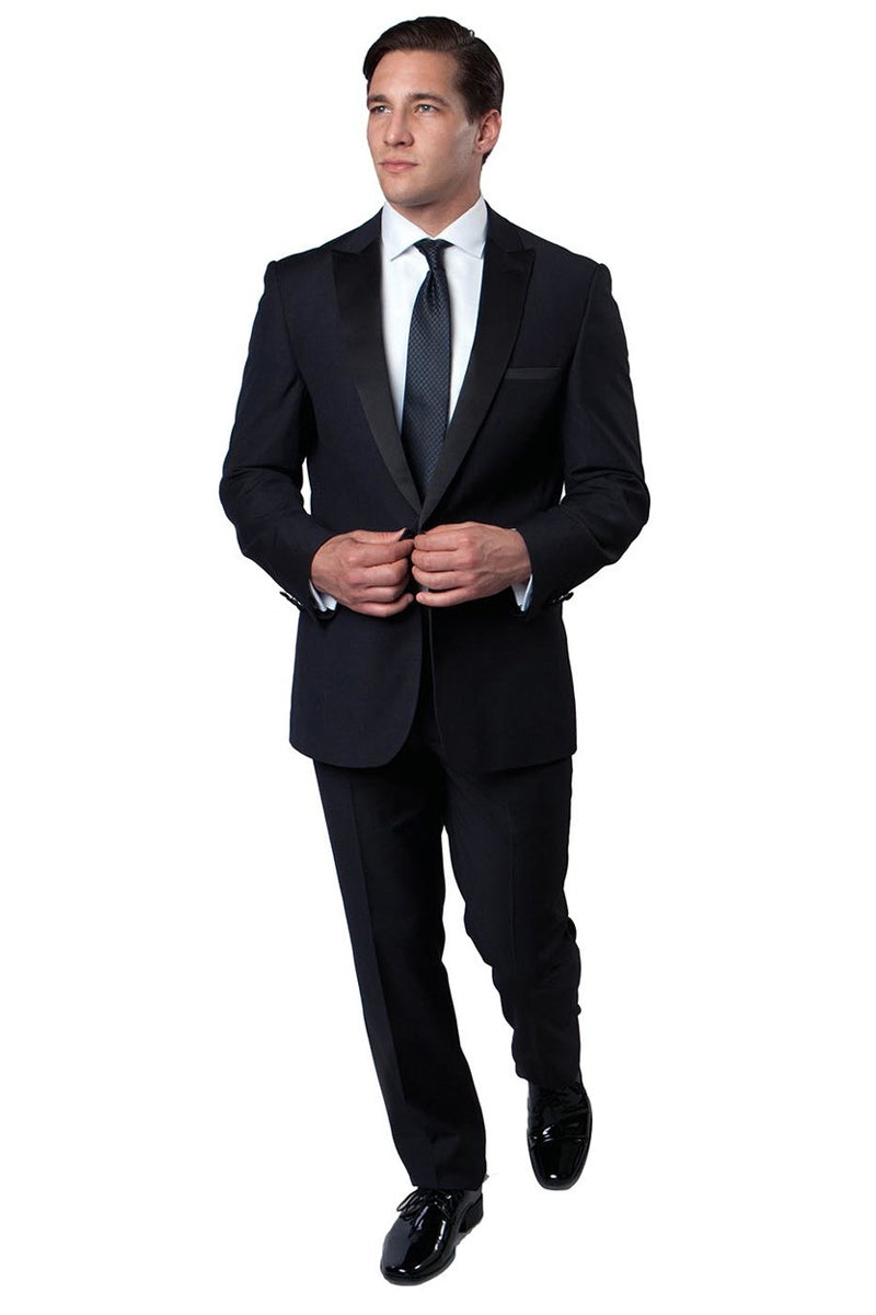 Men's Slim Fit One Button Peak Lapel Wedding Tuxedo in Navy Blue