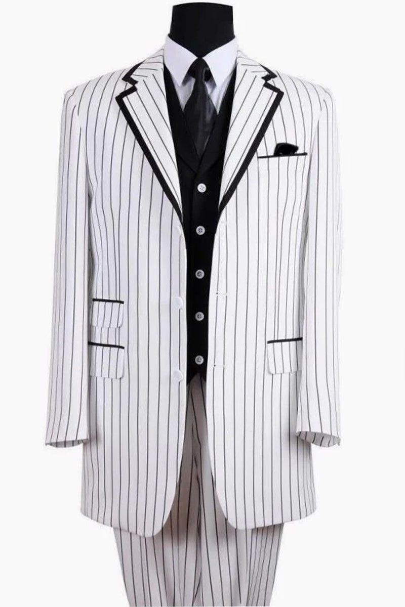 Mens 3 Button Vested Barbershop Quartet Suin in White with Black Pinstripes