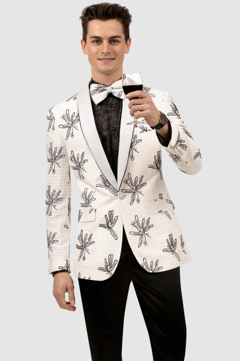 Mens One Button Stencil Prom Tuxedo Jacket in White