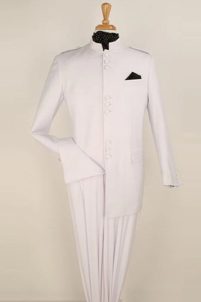Mens Classic Military Banded Collar Mandarin Safari Suit in White