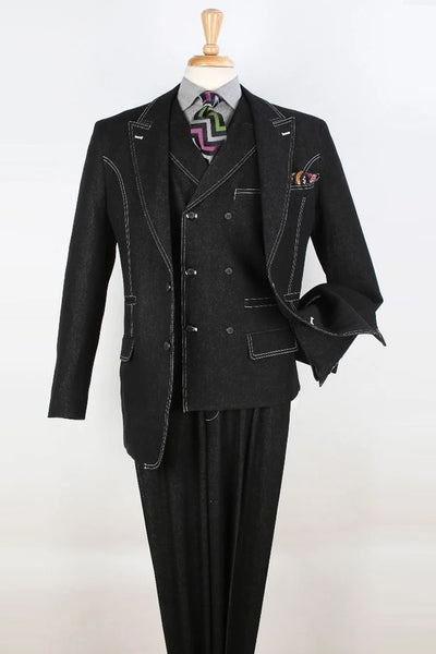 Mens Two Button Peak Lapel Double Breasted Vest Denim Suit in Black