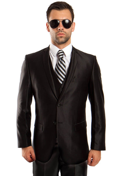 Men's Two Button Vested Shiny Sharkskin Wedding & Prom Fashion Suit in Black