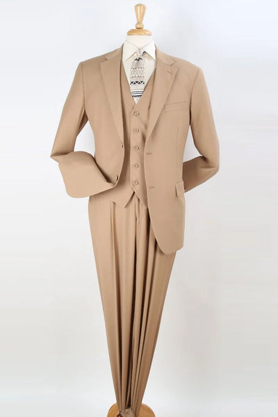 Mens 2 Button Pleated Pant Classic Fit Vested Suit in Camel