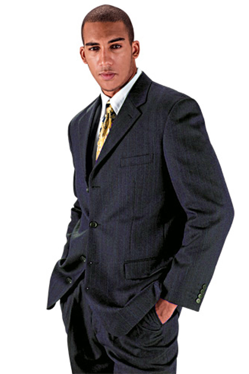 Mens 4 Button 100% Wool Dress Suit in Navy Pinstripe